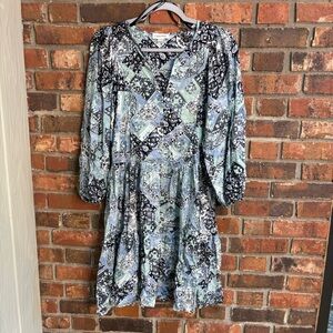 Calvin Klein womens geometric print puff sleeve flowy tiered dress blue/green 4